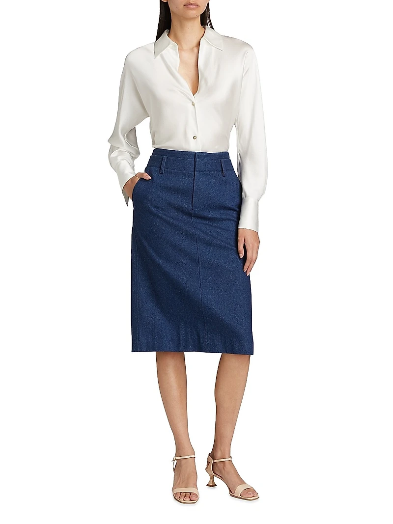 Cotton Denim Pencil Midi-Skirt