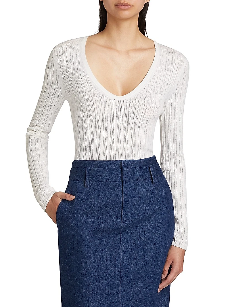 Pointelle Wool-Blend V-Neck Sweater