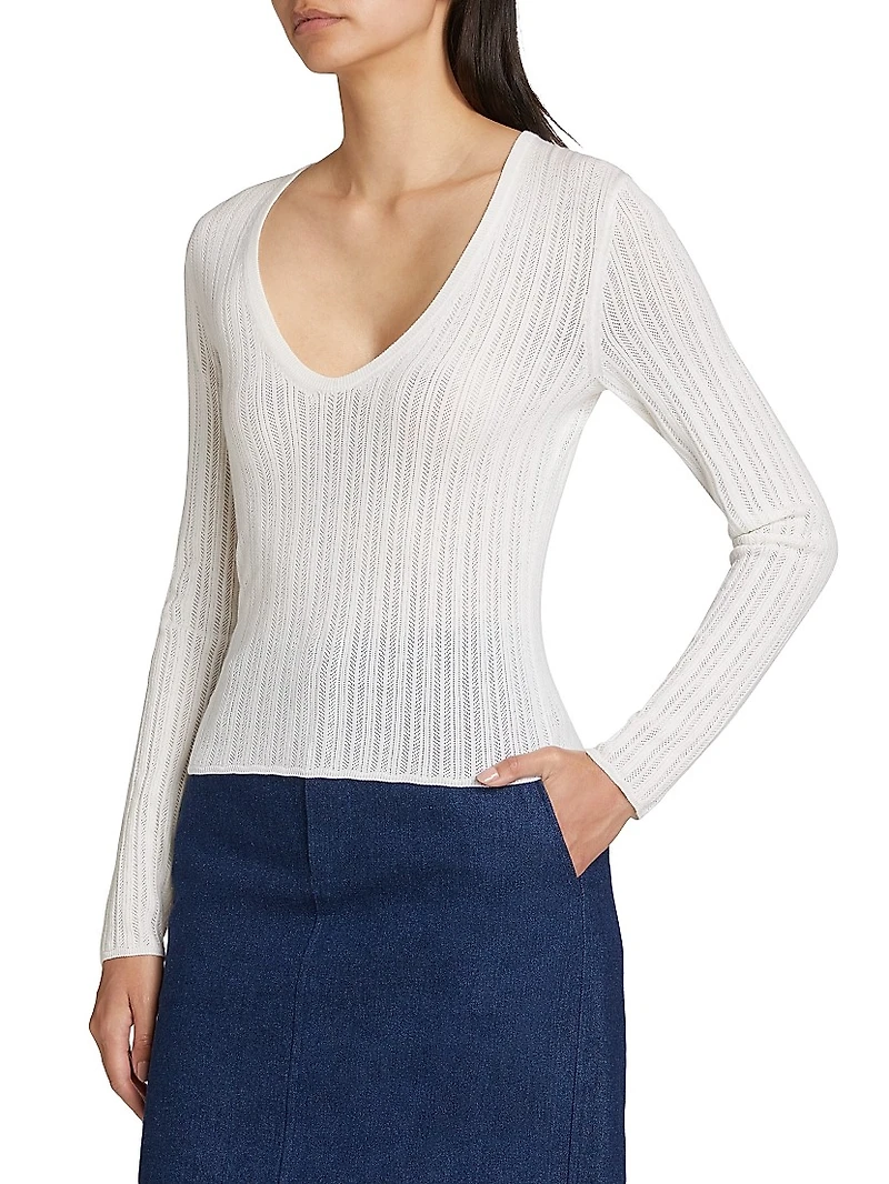 Pointelle Wool-Blend V-Neck Sweater