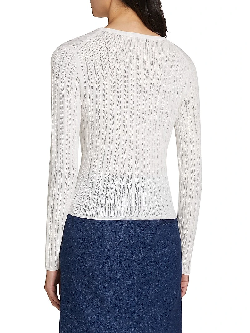 Pointelle Wool-Blend V-Neck Sweater