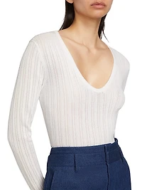 Pointelle Wool-Blend V-Neck Sweater