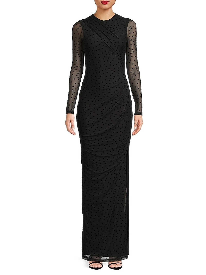 Marika Polka-Dot Mesh Maxi Dress