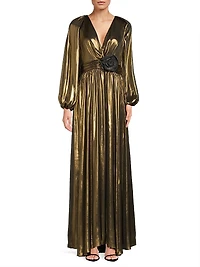 Darya Metallic Lamé Balloon-Sleeve Gown