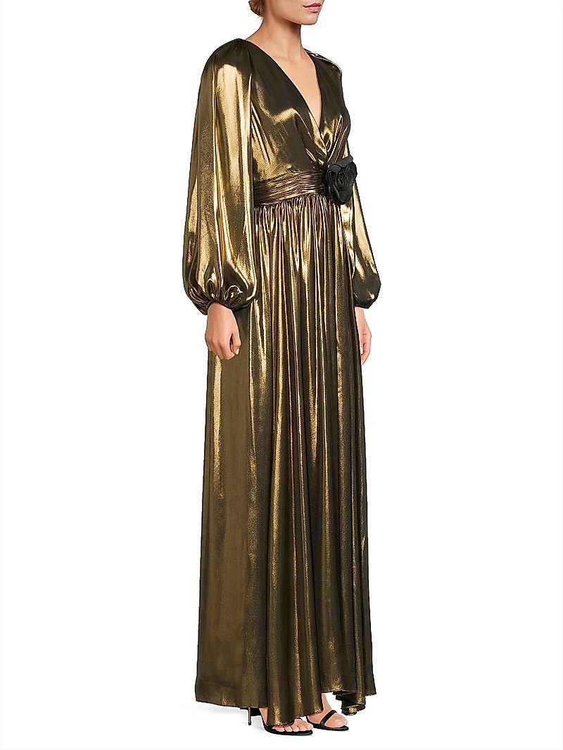 Darya Metallic Lamé Balloon-Sleeve Gown