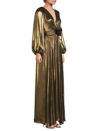 Darya Metallic Lamé Balloon-Sleeve Gown