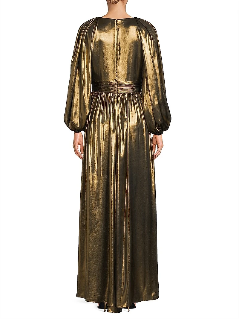Darya Metallic Lamé Balloon-Sleeve Gown