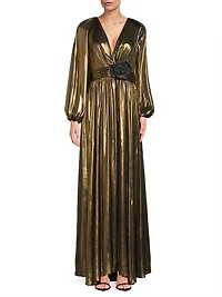 Darya Metallic Lamé Balloon-Sleeve Gown