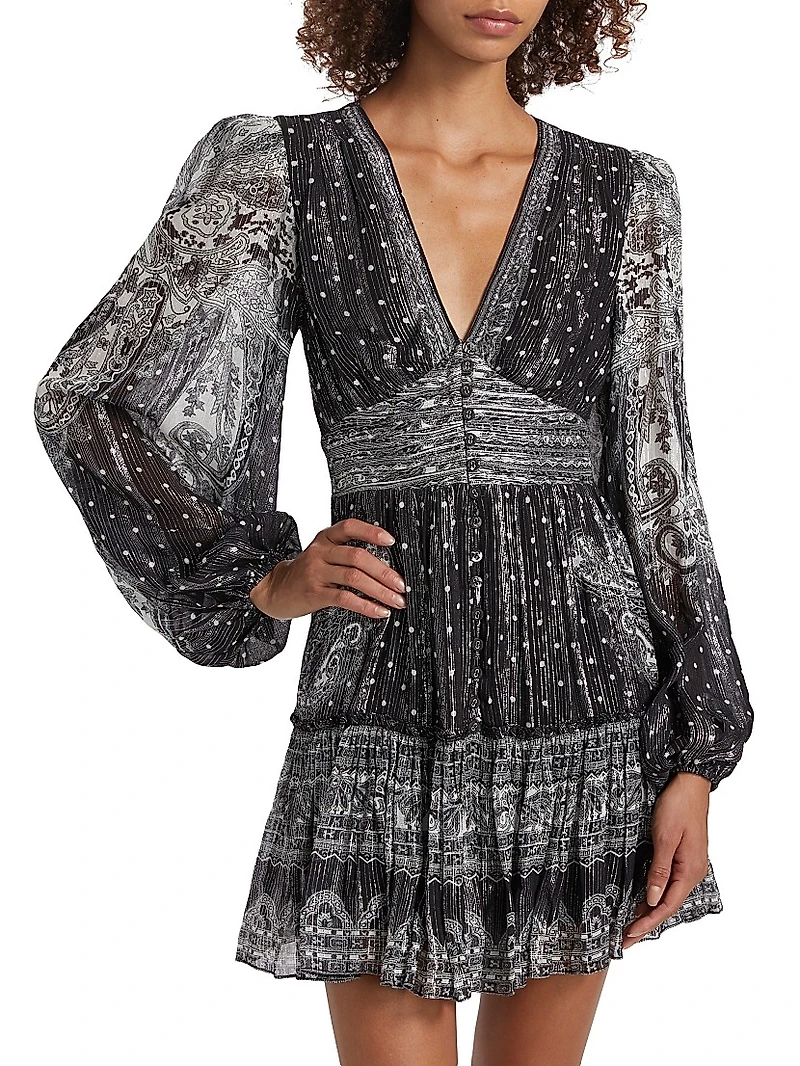 Viri Metallic Paisley V-Neck Minidress