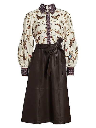 Intermixed Cotton & Faux Leather Midi-Dress