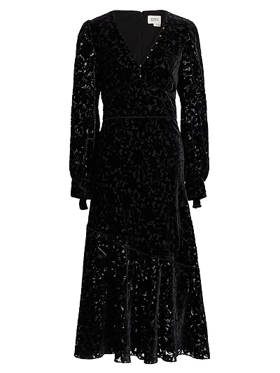 Burnout Velvet Flounce Midi-Dress