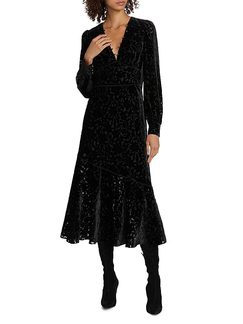 Burnout Velvet Flounce Midi-Dress