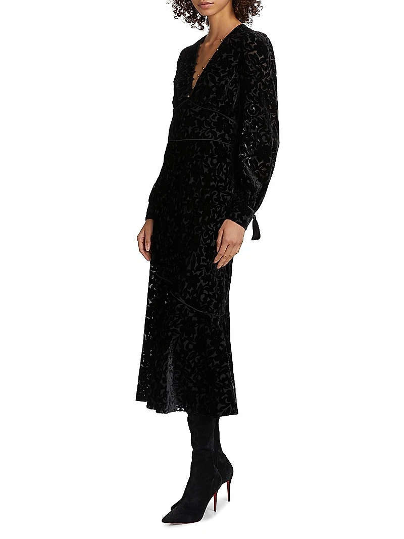 Burnout Velvet Flounce Midi-Dress