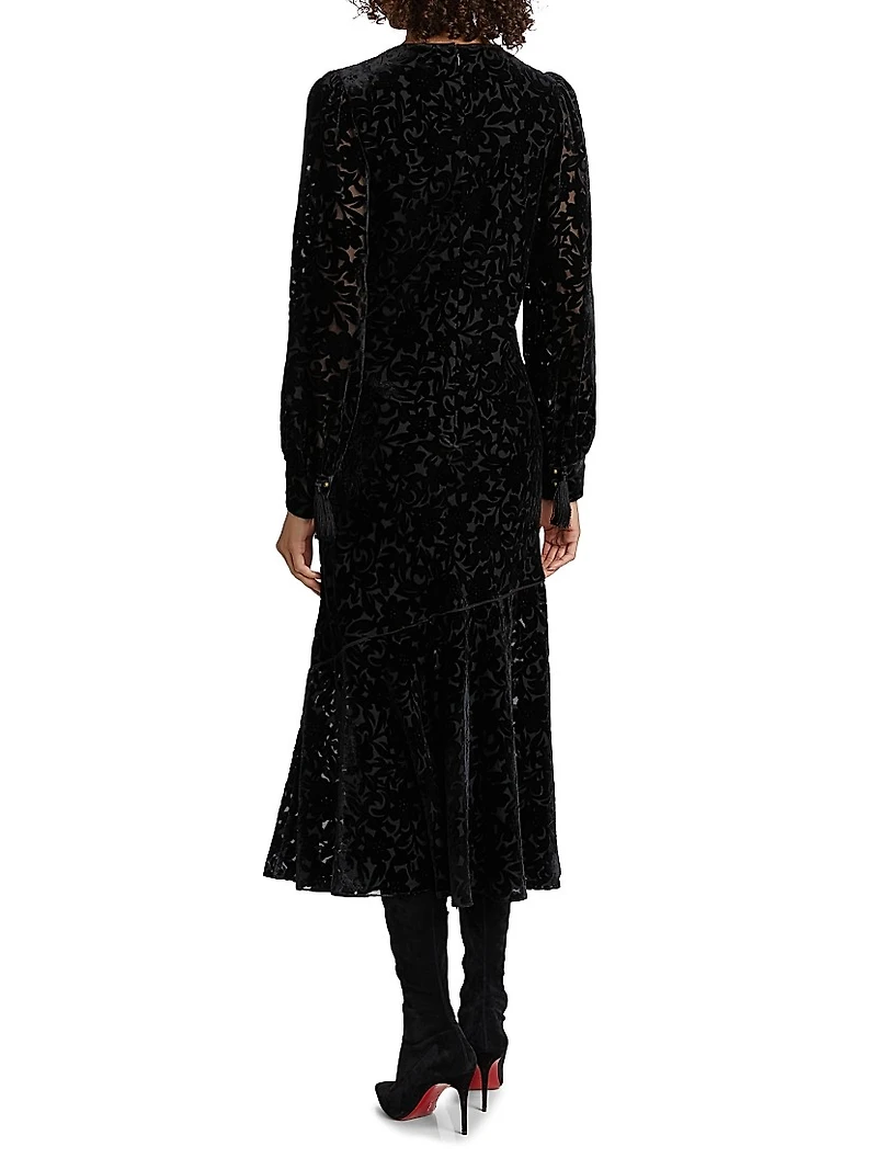 Burnout Velvet Flounce Midi-Dress