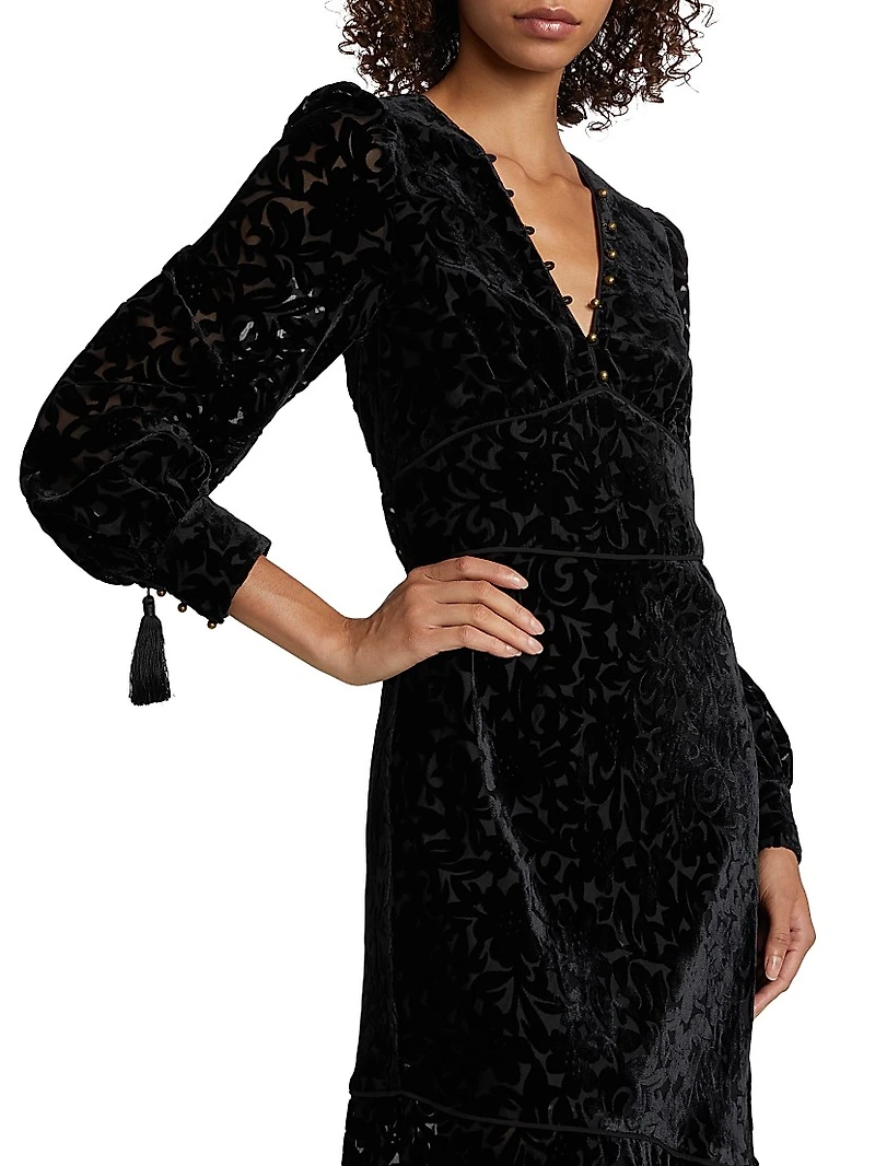 Burnout Velvet Flounce Midi-Dress