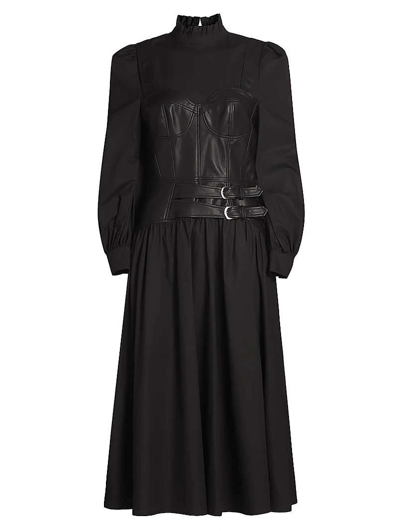 Mix Media Cotton & Faux Leather Midi-Dress