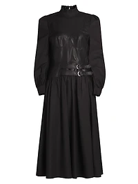Mix Media Cotton & Faux Leather Midi-Dress