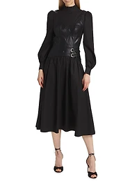 Mix Media Cotton & Faux Leather Midi-Dress