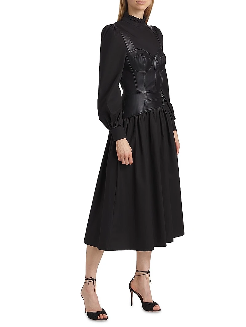 Mix Media Cotton & Faux Leather Midi-Dress