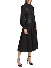 Mix Media Cotton & Faux Leather Midi-Dress