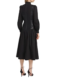 Mix Media Cotton & Faux Leather Midi-Dress