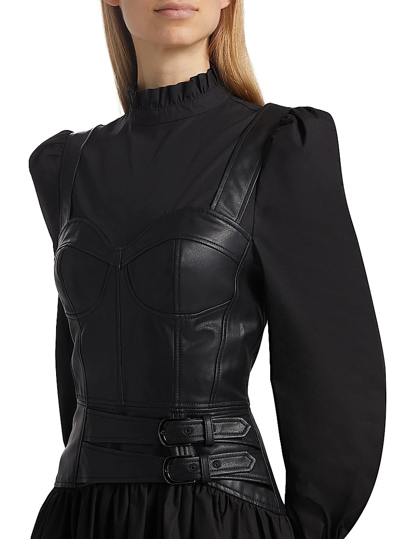 Mix Media Cotton & Faux Leather Midi-Dress