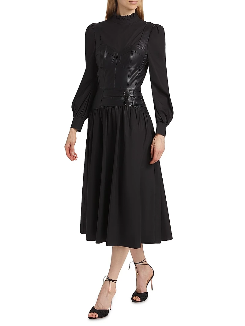 Mix Media Cotton & Faux Leather Midi-Dress