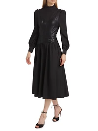 Mix Media Cotton & Faux Leather Midi-Dress