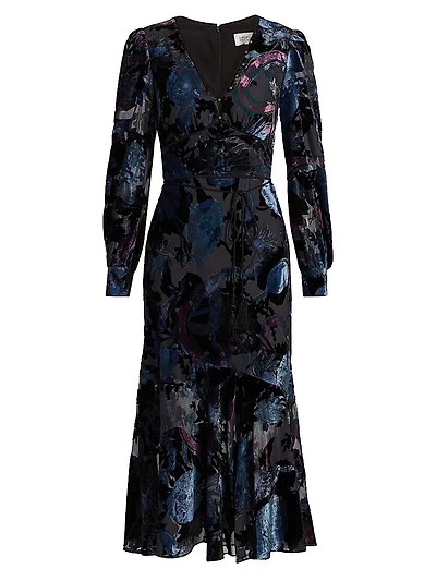 Velvet Burnout V-Neck Midi-Dress
