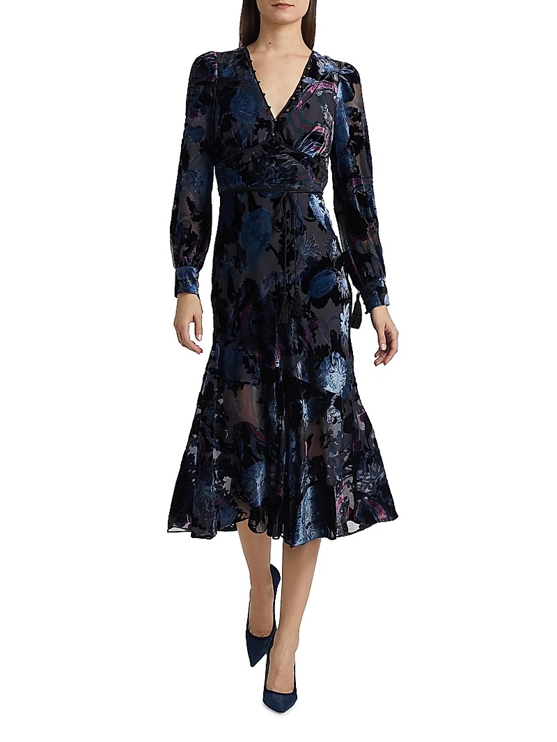Velvet Burnout V-Neck Midi-Dress