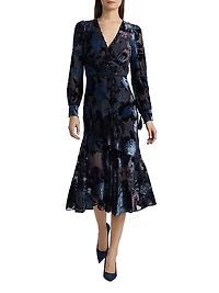Velvet Burnout V-Neck Midi-Dress