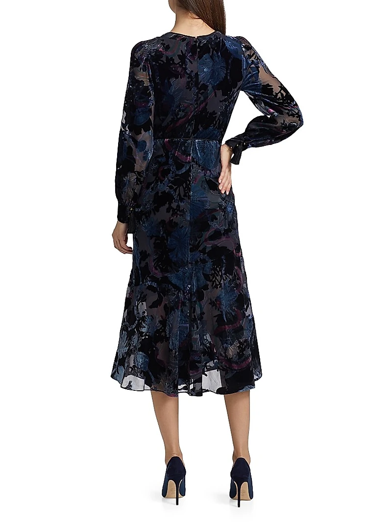 Velvet Burnout V-Neck Midi-Dress