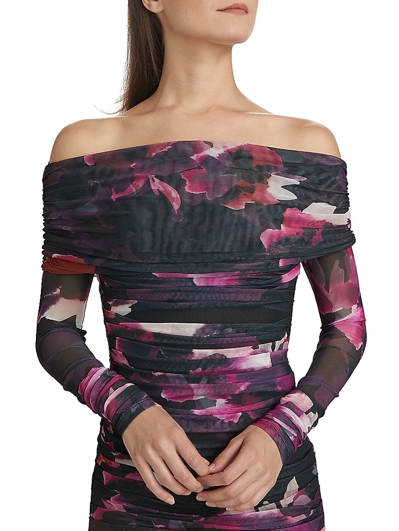 Oaklyn Ruched Mesh Maxi Dress