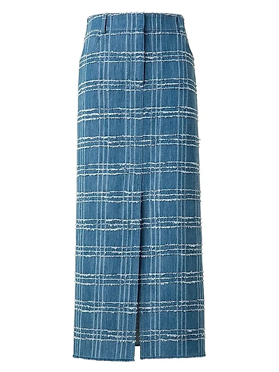 Fringed Check Denim Midi-Skirt