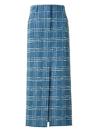 Fringed Check Denim Midi-Skirt
