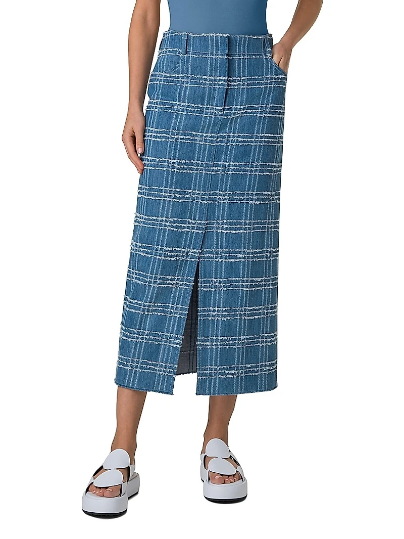 Fringed Check Denim Midi-Skirt