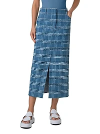 Fringed Check Denim Midi-Skirt