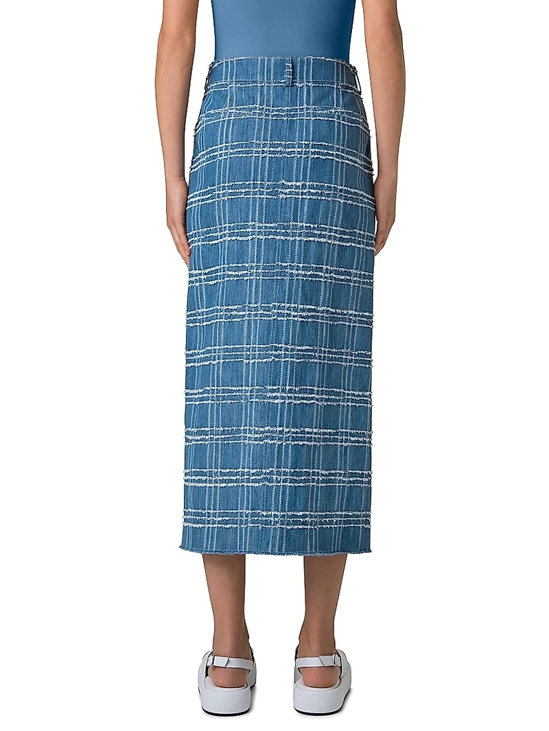 Fringed Check Denim Midi-Skirt