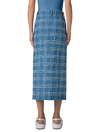 Fringed Check Denim Midi-Skirt