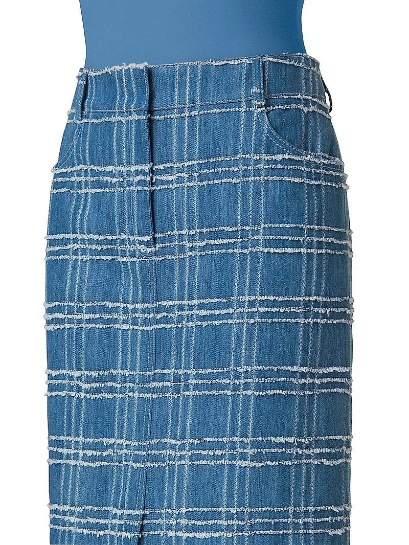 Fringed Check Denim Midi-Skirt