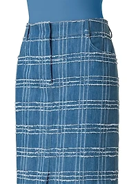 Fringed Check Denim Midi-Skirt