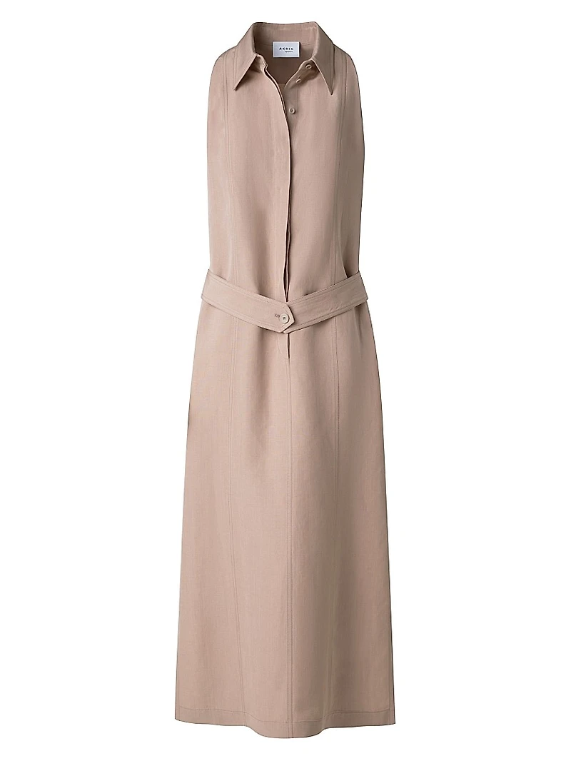 Linen-Blend Belted Midi-Shirtdress