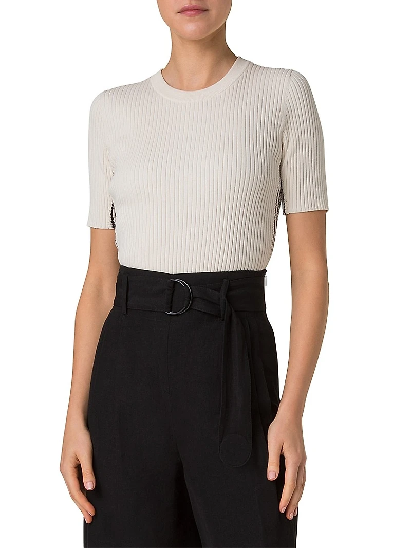 Fitted Cotton Rib-Knit Short-Sleeve Sweater