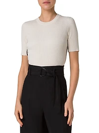 Fitted Cotton Rib-Knit Short-Sleeve Sweater