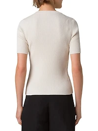 Fitted Cotton Rib-Knit Short-Sleeve Sweater