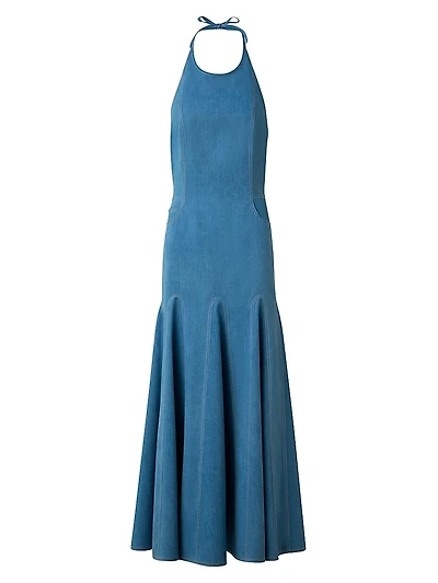 Halter Denim Godet-Skirt Midi-Dress