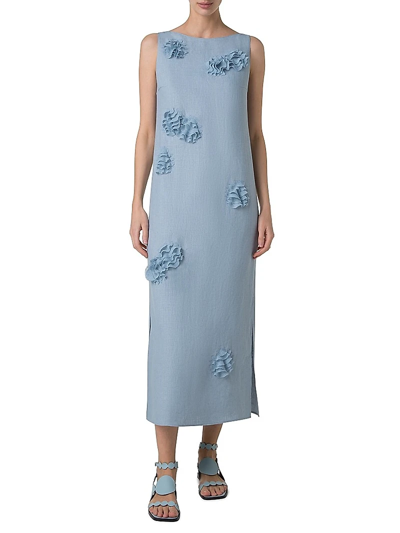 Carnation Appliquèd Linen Midi-Dress