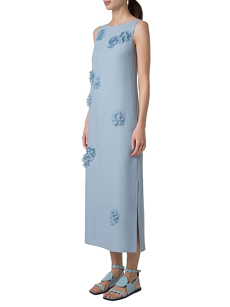Carnation Appliquèd Linen Midi-Dress