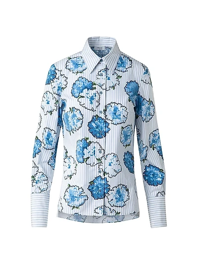 Striped Carnation Print Long-Sleeve Blouse