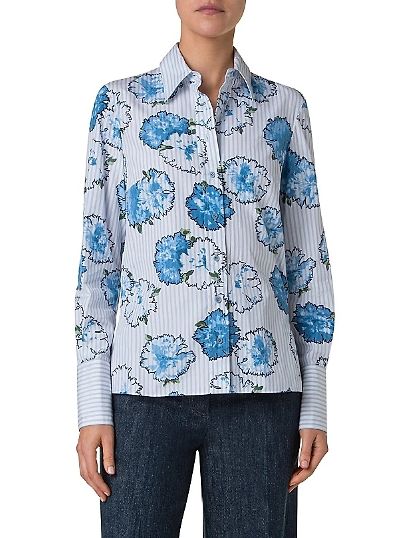 Striped Carnation Print Long-Sleeve Blouse