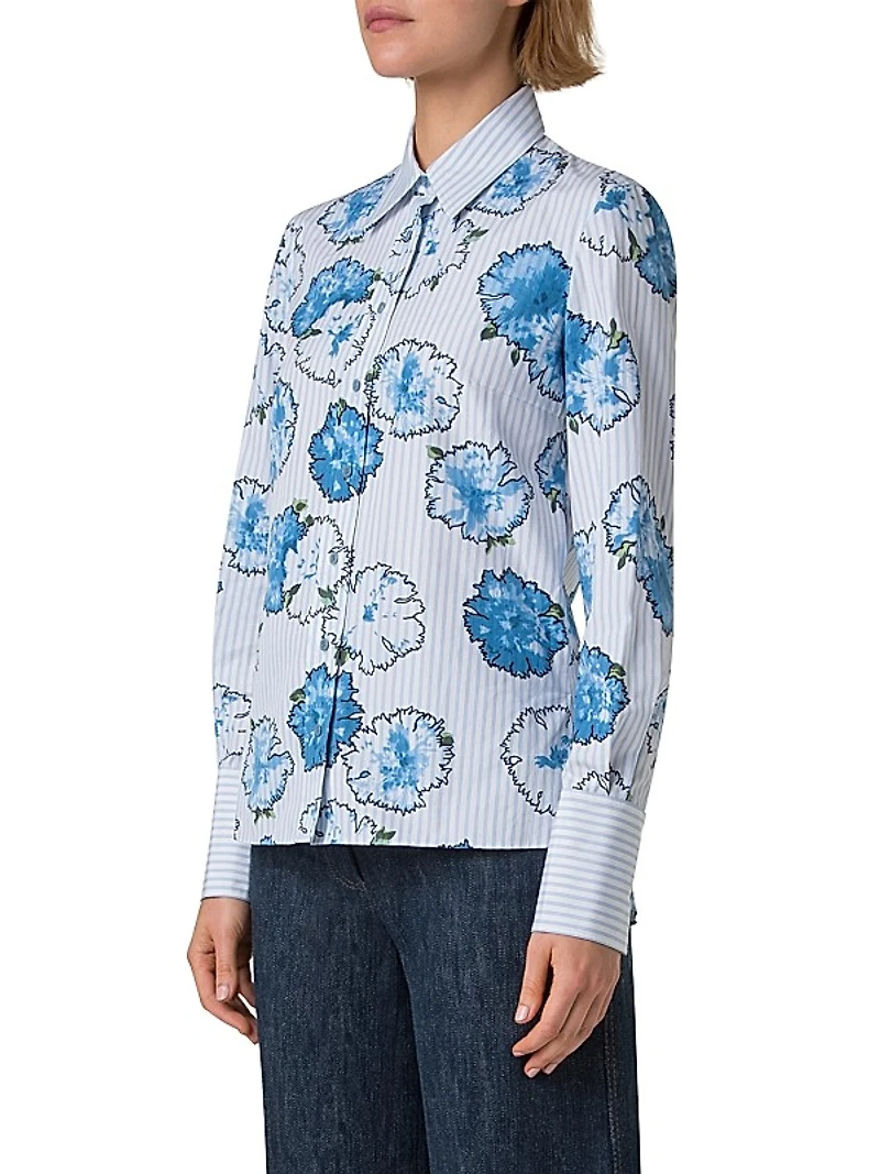 Striped Carnation Print Long-Sleeve Blouse